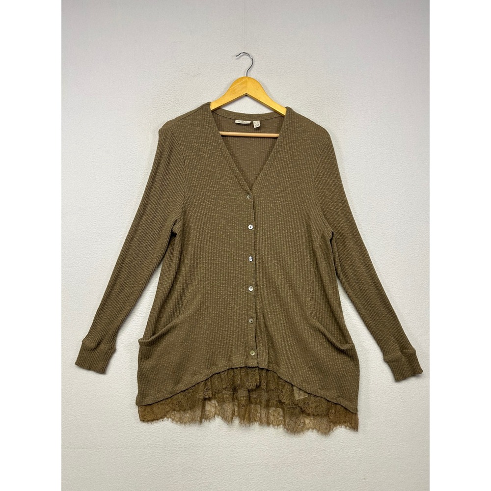 LOGO Cottagecore Women L Brown Lace Trim Waffle Knit Cardigan Shabby Boho Earthy